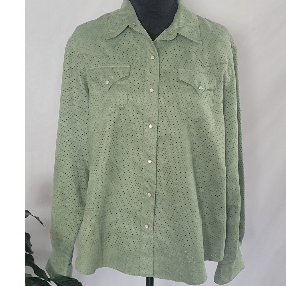 Saddle Ridge Vintage Sage Green‎ Perforated Faux Suede Western Snap Shirt XL